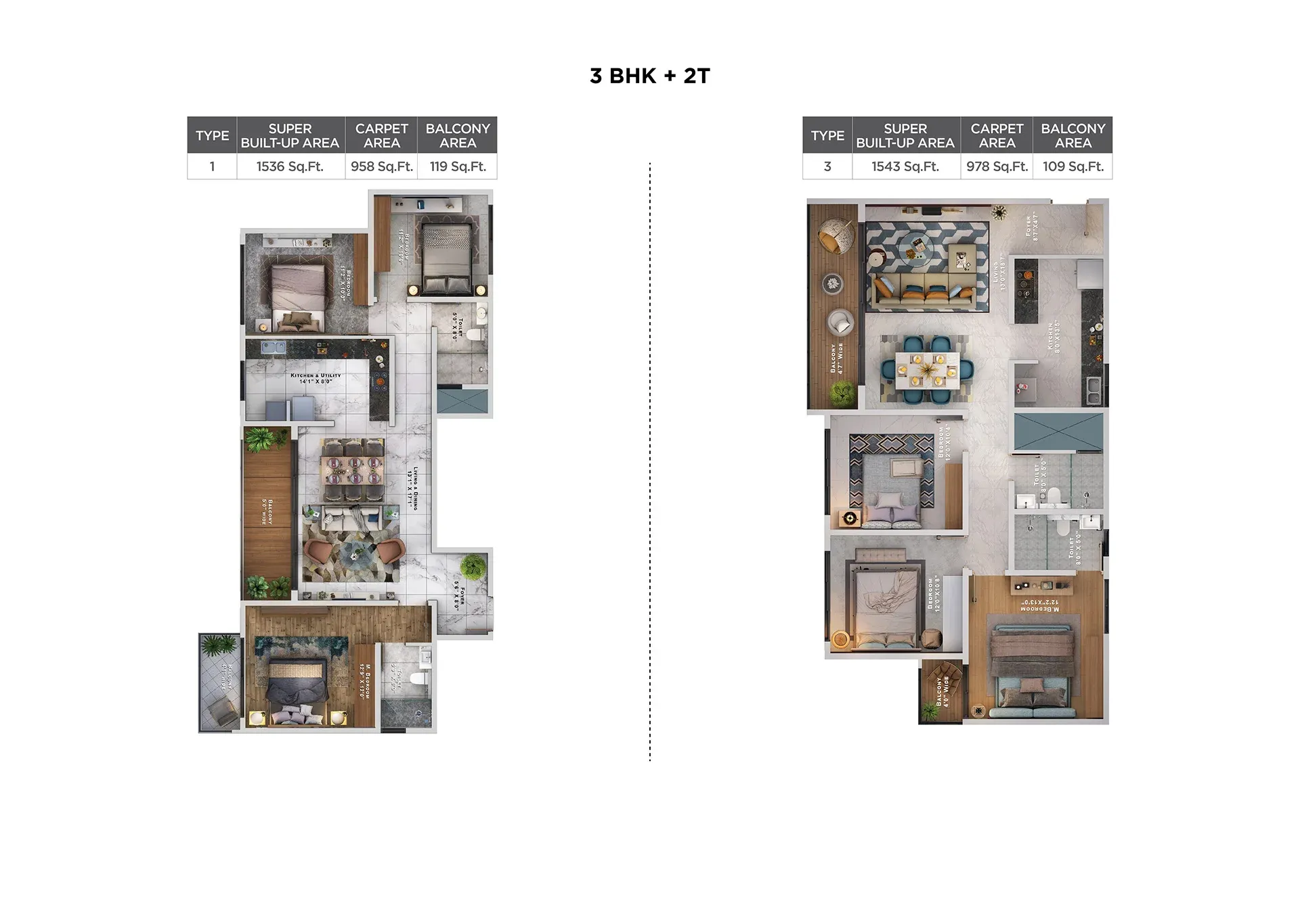 3 BHK 2 toilet floor plan